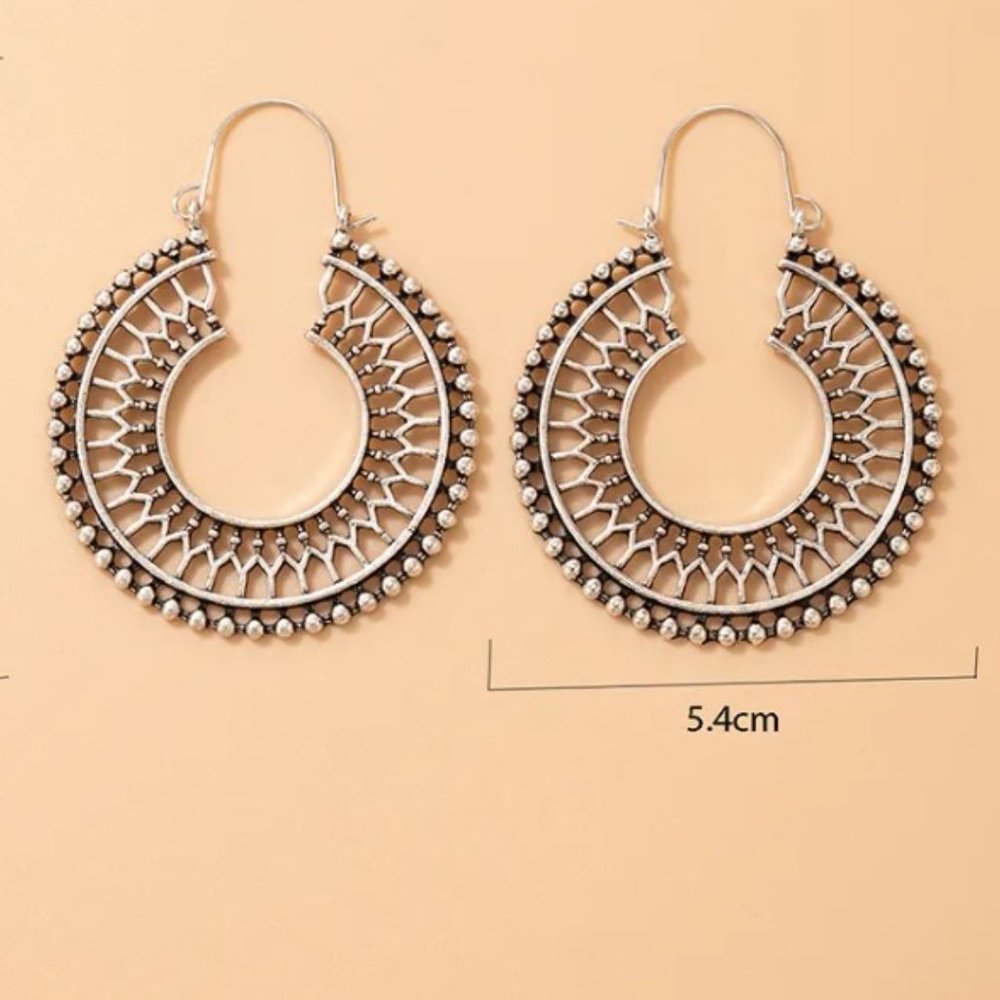 Bohemian Southwestern Round Spiral Aged Silver Drop Earrings NEW - Picture 3 of 4